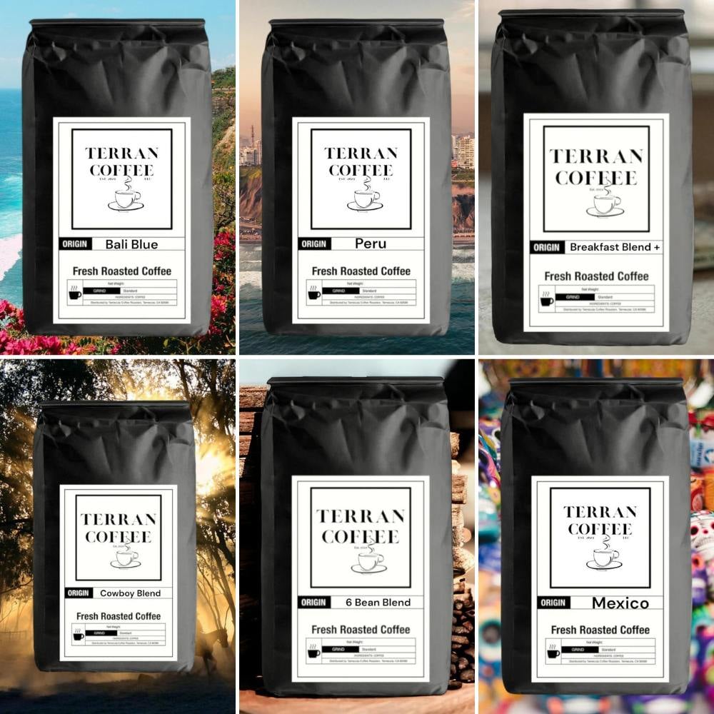 Coffee Sampler Pack: 6Bean, Cowboy, Breakfast, Peru, Mexico, Bali - Terran Coffee